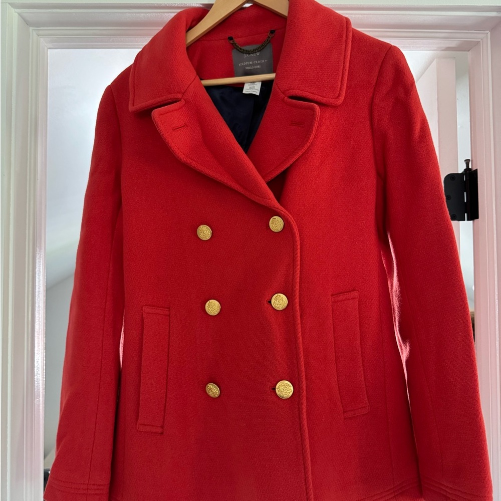 J. Crew Red Pea Coat with Notched Lapel and Tailored Silhouette